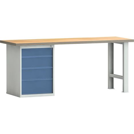 Banco da lavoro PW 700 l.2000xP700xH840 mm faggio Multiplex grigio chiaro, RAL 7035 blu lucido, RAL 5007 4 cassetti