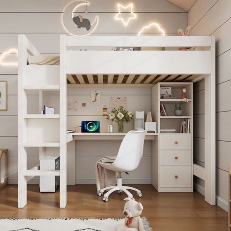 Lit mezzanine enfant 90x200 cm blanc avec bureau en L, étagères, tiroirs et prises USB/Type-C (sans matelas)