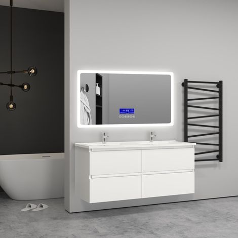 Aica Sanitaire – Meuble double vasque 120x46x52cm – 4 tiroirs à fermeture amortie – 2 vasques suspendues en céramique – MDF anti-déformation blanc (1/4)