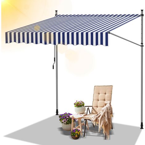 Wolketon Markise Klemmmarkise Balkonmarkise Blau Weiß mit Handkurbel ohne Bohren Sonnenschutz UV-Schutz und wasserfestund höhenverstellbar 350cm