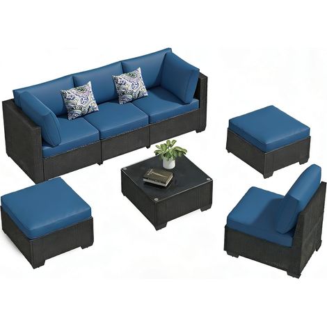 YODOLLA 7-Piece Outdoor Patio Garden Furniture Set, Black PE Rattan Wicker Sectional Sofa Conversation Set with Dark Blue Cushions (1/5)
