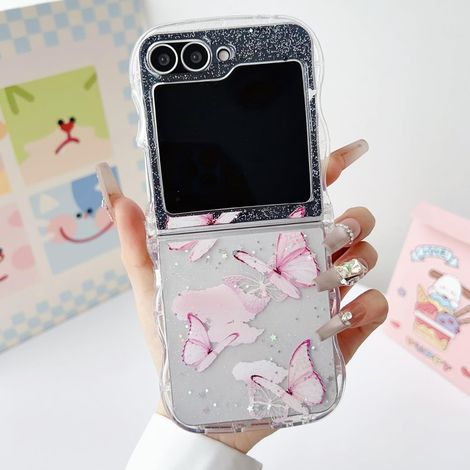 Coque pour Samsung Galaxy Z Flip 5/Z Flip 6 5G, Curly Wave Frame Étui en Silicone Liquide, Housse de Téléphone en Motif de Papillon Antichoc TPU Bumper Cover Case pour Filles Femme, Blanche (1/5)