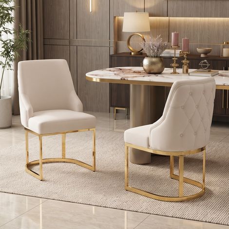 Lot de 2 chaises de salle à manger en velours beige avec dossier capitonné 3D, pieds métal doré galvanisé, assise rembourrée, salon café (1/5)