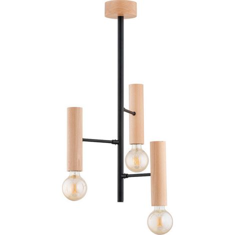 Alfa FLARA Industrial Ceiling Light, Matte Black Metal & Light Wood, 3x E27 15W, Loft Pendant Style, Dimmable, 67cm Height, 37cm Width for Living Room Kitchen