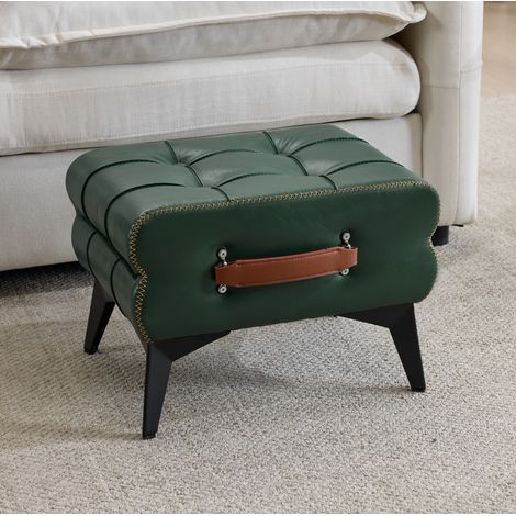 Pouf repose-pieds et banc à chaussures en similicuir vert, poignée, pieds en acier HAVRYA (1/5)