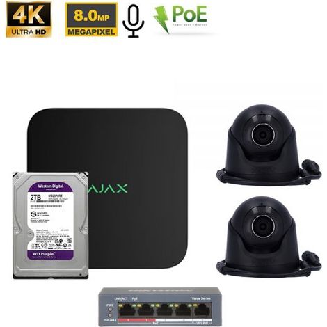 Ajax Kit videosorveglianza NVR 8 Canali + TurretCam 8Mp Nero + HDD 2Tb + Switch PoE - 70938 NR.02 Telecamere