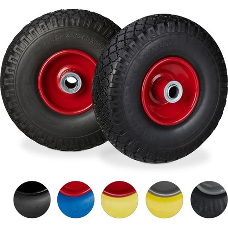 Relaxdays 2x Sackkarrenrad, pannensichere Vollgummireifen, 3.00-4" Stahlfelge, 20mm Achse, 100kg, 260x85 mm, schwarz-rot