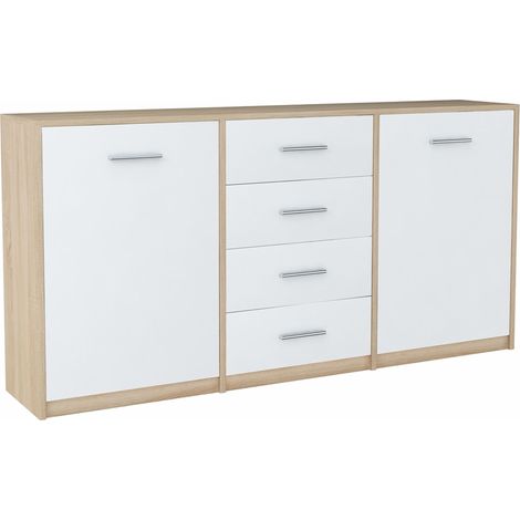 Buffet avec 2 portes et 4 tiroirs Blanc / Sonoma - Meuble de Rangement Style contemporain - 177 x 35 x 75 cm