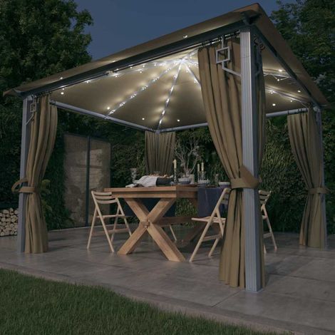 Tonnelle avec rideau et lumières LED 3x3 m Taupe Aluminium (1/5)