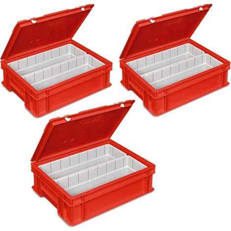 BRB 3x Euro-Deckelbehälter mit 2 Einsatzkästen 1/2, LxBxH 400x300x130 mm, rot (1/3)