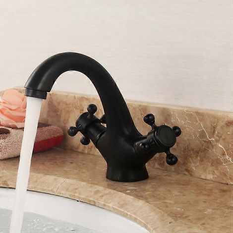 Robinet de salle de bain rétro noir, robinet de lavabo à deux poignées en laiton antique, mitigeur de style campagnard brossé pour salle de bain (1/5)