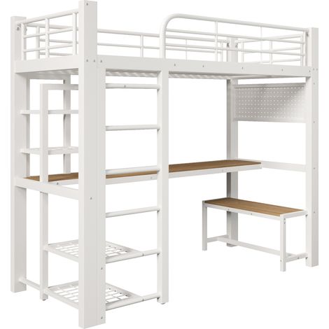 Letto a soppalco 90 x 200 cm in metallo bianco con LED, scrivania e contenitore (1/5)
