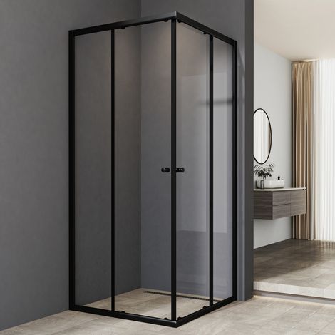 Schwarzer Duschkabinen 100x90x185cm Eckeinstieg mit Doppel Schiebetüren Duschabtrennung Duschschiebetür Duschwand 6mm ESG Glas, LINKS & RECHTS MONTIERBAR (1/4)