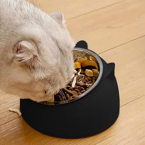 Gamelle pour chat en acier inoxydable, inclinée à 15°, antidérapante et amovible, pour faciliter l'alimentation des chats (noire, 200 ml) (1/5)