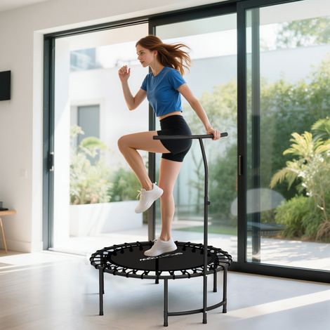 Fitness-Trampolin mit elastischen Seilen, 5-fach verstellbarem Griff, 100 kg Tragkraft, Stahl, Ø 102 x 132 cm, Schwarz