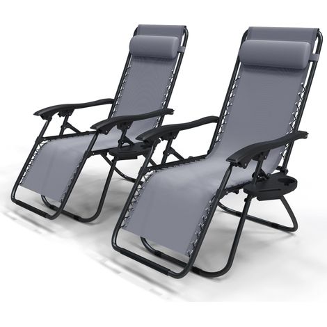 VOUNOT Set of 2 Zero Gravity Chairs, Garden Sun Loungers with Cup and Phone Holder, Grey