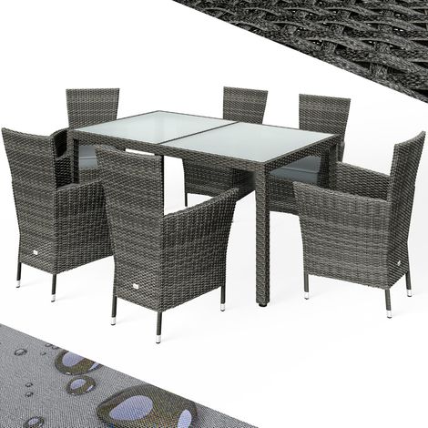 Salon de jardin gris en polyrotin pour 6 personnes, ensemble 13 pièces table verre trempé opale 150x90 cm + 6 chaises empilables avec coussins, structure acier galvanisé thermolaqué (1/5)