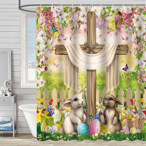 Rideau De Douche - Lapin Floral Aquarelle - 180 X 180 Cm - Polyester Imperméable - Pour Salle De Bain Intérieure Et Extérieure - 1 Pièce (1/5)