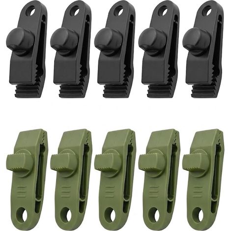 10 Pièces Clips de Bâche Robustes, Pinces de Serrage pour Tente et Auvent, Attaches Crocodile pour Camping, Couverture de Piscine et Activités Extérieures, 5 Noirs et 5 Vert Armée (1/5)