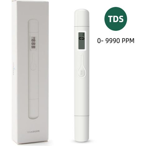 Stylo TDS minimaliste haut de gamme entièrement blanc (0–9999 ppm), utilisation à bouton unique, écran LCD, livré en coffret cadeau avec mousse de protection (1/5)