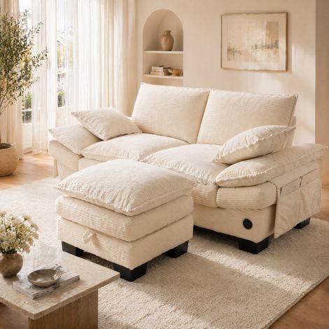 Canapé modulable 2 places en tissu beige avec pouf, USB-C et poches latérales (1/5)