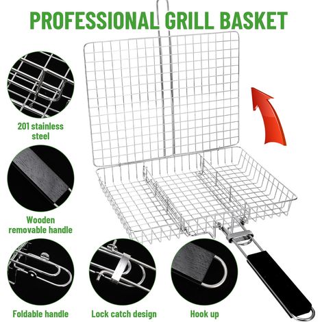 Tragbarer Grillkorb, Grillkorb für den Außenbereich, mit abnehmbarem Griff, aus Edelstahl, geeignet für Hähnchen, Fisch, Gemüse usw.
