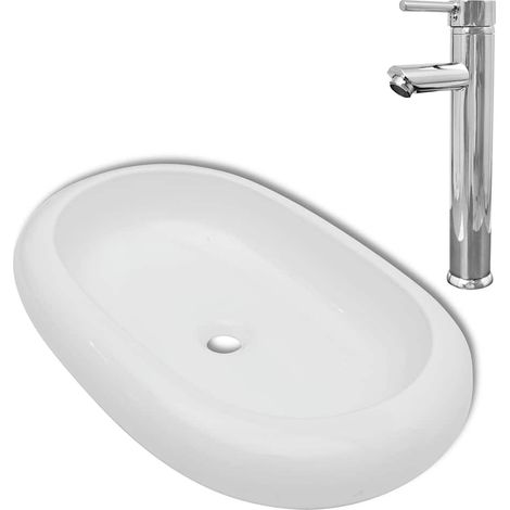 Lavabo de salle de bain avec mitigeur Céramique Ovale Blanc