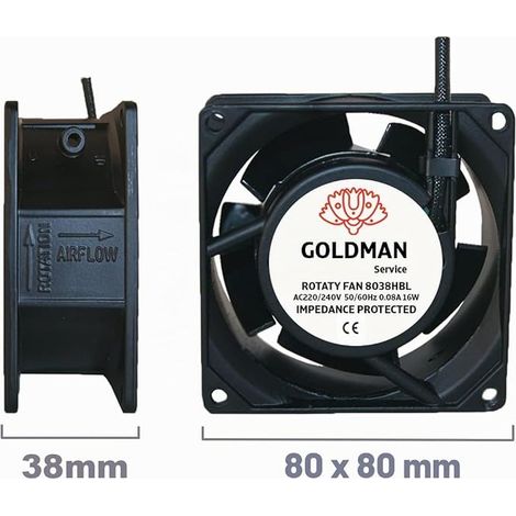 Axial ventilated fan for high temperature fireplace cassette with metal blades. (80 x 80 x 38 mm) (1/3)