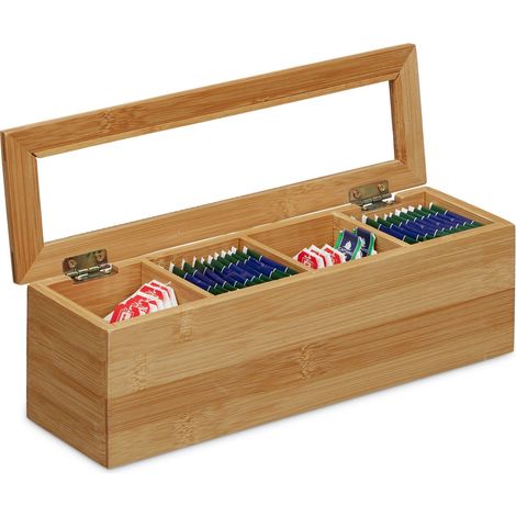 Relaxdays Caja para té e infusiones, Cuatro compartimentos, Estrecho, Ventana de plástico, Pequeño, Rectangular, Marrón, 9 x 30 x 9 cm