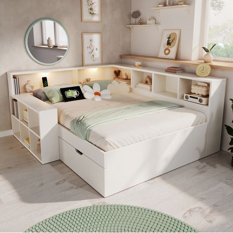 Lit double 140x190 cm avec rangement, lampe de lecture, USB-C, tiroirs, blanc (1/5)