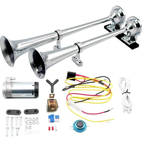 Trompette d'air Trompette de camion Klaxon de voiture 160db Chrome zinc Car Horn Argent Double tube avec pompe à air Haut - parleur Air Horn pour 12V Voiture camion moto yacht etc (1/5)