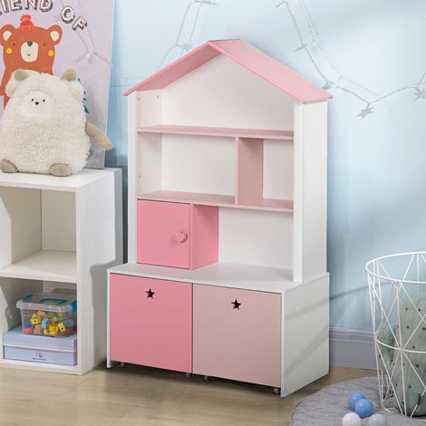 Libreria in legno per bambini HOMCOM, con 4 scomparti, 1 anta e 2 cassetti estraibili con ruote per libri e giocattoli, 80x34x130 cm, rosa e bianco. (1/5)