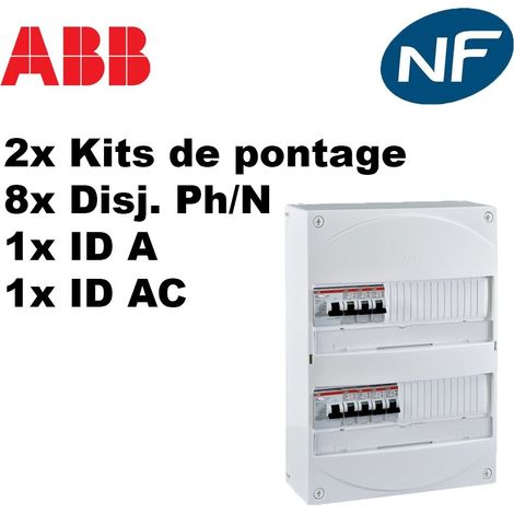 ABB – Coffret électrique pré-équipé 2 rangées avec disjoncteurs 63A type AC et 40A type A – Norme NF C 15-100 – 9 disjoncteurs phase neutre 3kA