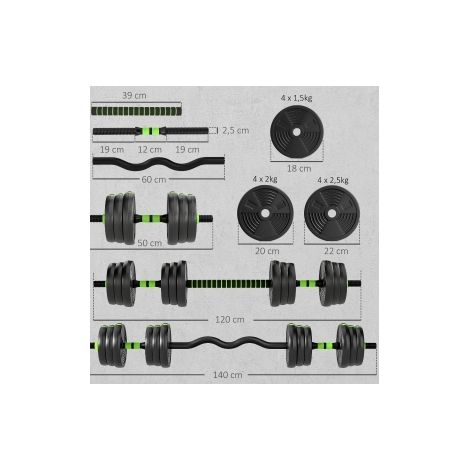 Haltères réglables 25 kg 140x22x22 cm en plastique vert, gain de place pour home gym FloraGrace (1/5)