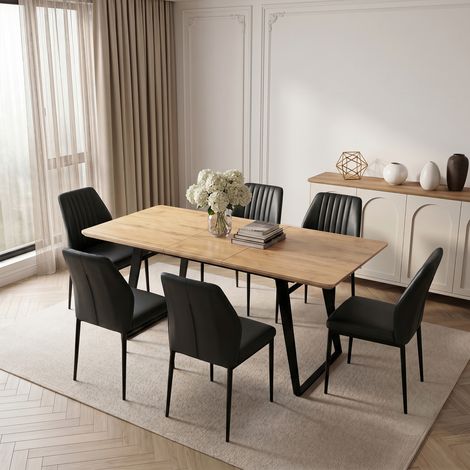 HIPIHOM Ausziehbarer Esstisch für 4 bis 6 Personen, ausziehbarer Tisch 130–170 cm, Höhe 76 cm, Breite 85 cm, MDF-Platte, U-Metallbeine, maximale Belastung 100 kg (Tisch, 6 Stühle – Schwarz)