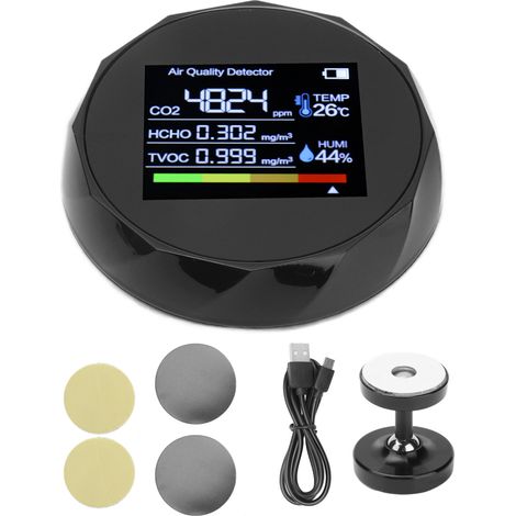 Détecteur de qualité de l'air multifonction : COVT, CO2, thermomètre et hygromètre numériques, chargement USB, noir (1/5)