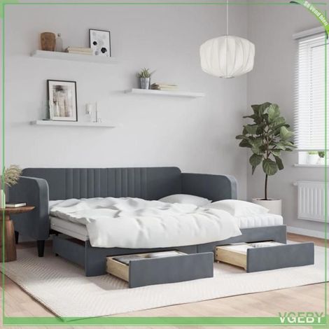 Lit de jour - 3197149 - Lit gigogne 2 places - 2 tiroirs de rangement - Velours gris foncé (1/5)