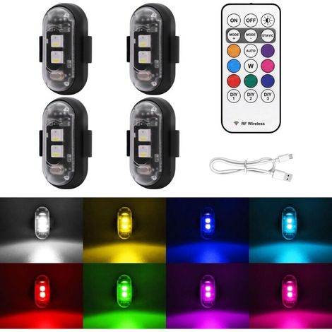 Set mit 4 kabellosen LED-Blitzlichtern inklusive Fernbedienung, 8 Farben, USB-Ladefunktion, wasserdicht, stoßfest, Warnleuchten für Auto, Motorrad, Drohne und Fahrrad