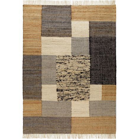 Tapis en laine yute et coton tissé à la main avec franges - Marron naturel multicolore avec nuances beiges