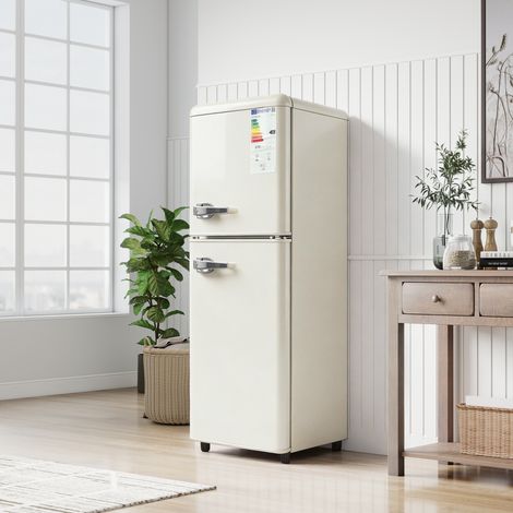 Réfrigérateur double porte 112L : 72L frais + 40L congélation. 7 niveaux de température classe E,LED et étagères réglables.