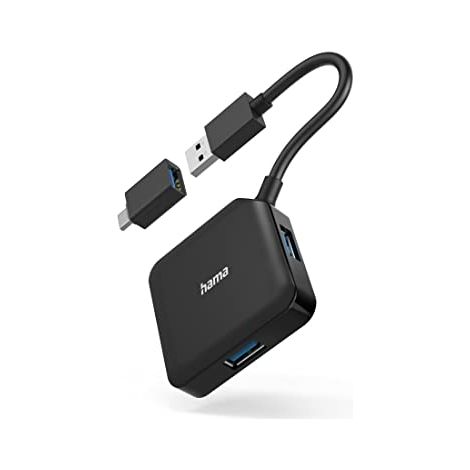 Hama Hub USB 3.0 da tavolo, 4 porte, cavo integrato con adattatore Type C,nero (1/4)