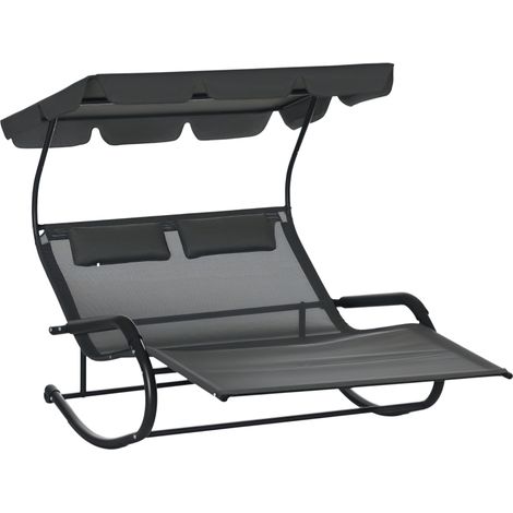 Chaise longue double avec toit solaire appui-têtes bain de soleil à bascule ergonomique 2 roues 200 x 139 x 140 cm noir