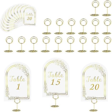 Numéros de table de mariage de 1 à 20 avec 20 supportscartes de numéro de table blanches et dorées avec indication de place dorée (1/5)