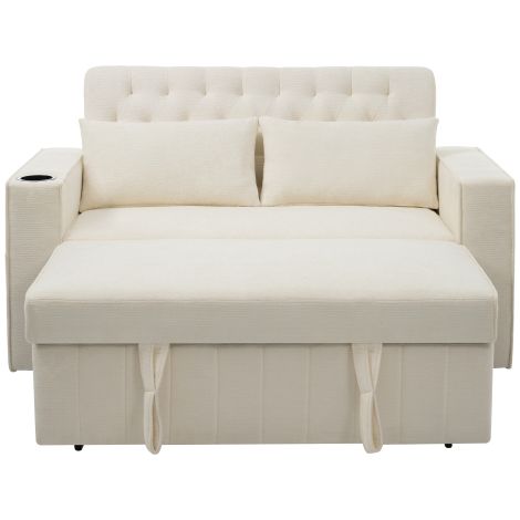 Sofá cama, respaldo regulable, sofá de 2 plazas con portavasos y 2 cojines, estante de almacenamiento, puerto USB, de tela, beige (1/5)