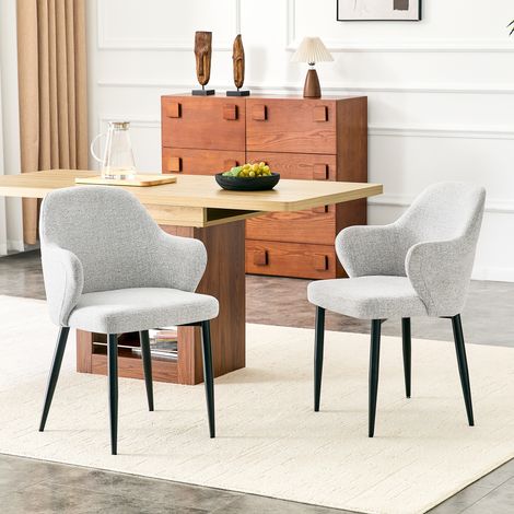 Lot de 2 chaises de salle à manger en tissu gris clair de 83 cm. Pieds métalliques croisés et large dossier fermé