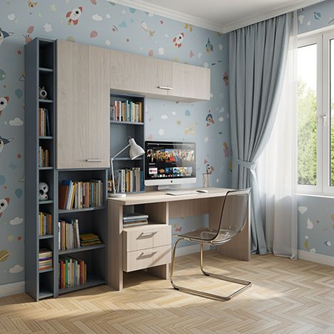 Angolo studio multifunzionale con libreria a profondità variabile e cassettiera integrata - Rovere Rock e Avio