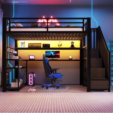 DESVIAE Lit mezzanine gaming 90 x 200 cm avec LED multicolore bureau armoire rangement métal MDF noir (1/5)