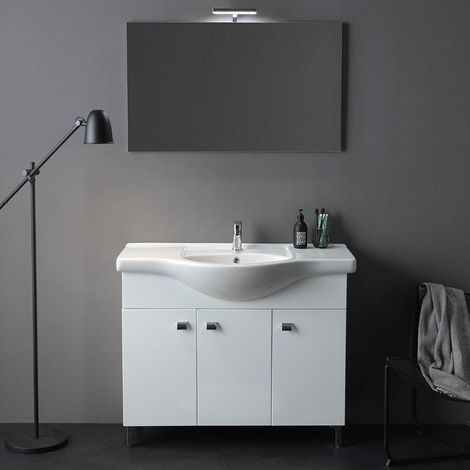 Badezimmerschrank 105Cm Weiss Poliert, Spiegel 100X60 Und Lampe Smeraldo (1/5)