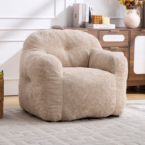 Canapé pouf en fausse fourrure avec accoudoirs – Rembourrage en mousse déchiquetée – Aucun assemblage requis – Idéal pour salon, chambre et coin lecture – Beige (1/5)