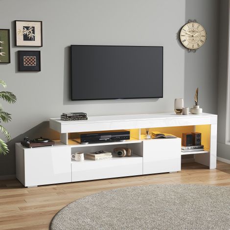 Meuble TV — Inclut un éclairage d'ambiance LED 16 couleurs — Supporte les téléviseurs jusqu'à 70 pouces — Comprend 3 tiroirs — Finition haute brillance